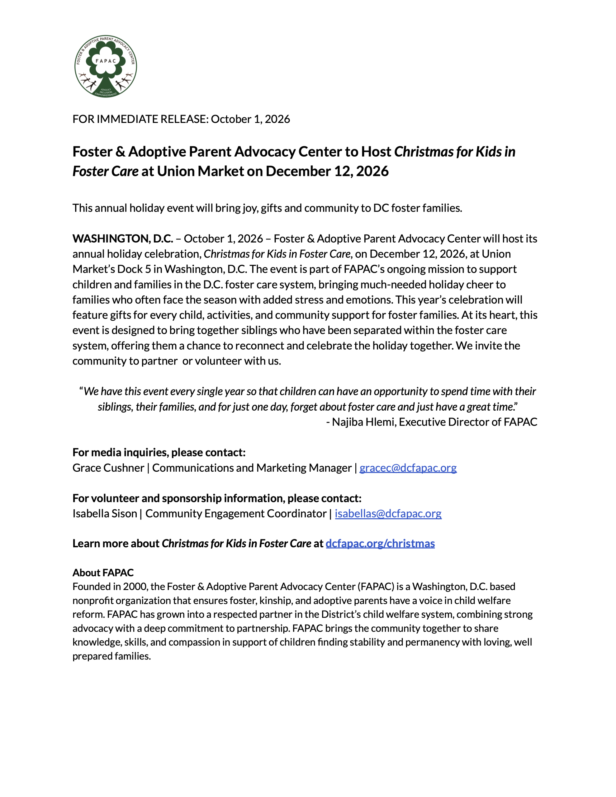 PRESS RELEASE - Christmas for Kids in Foster Care - 2026